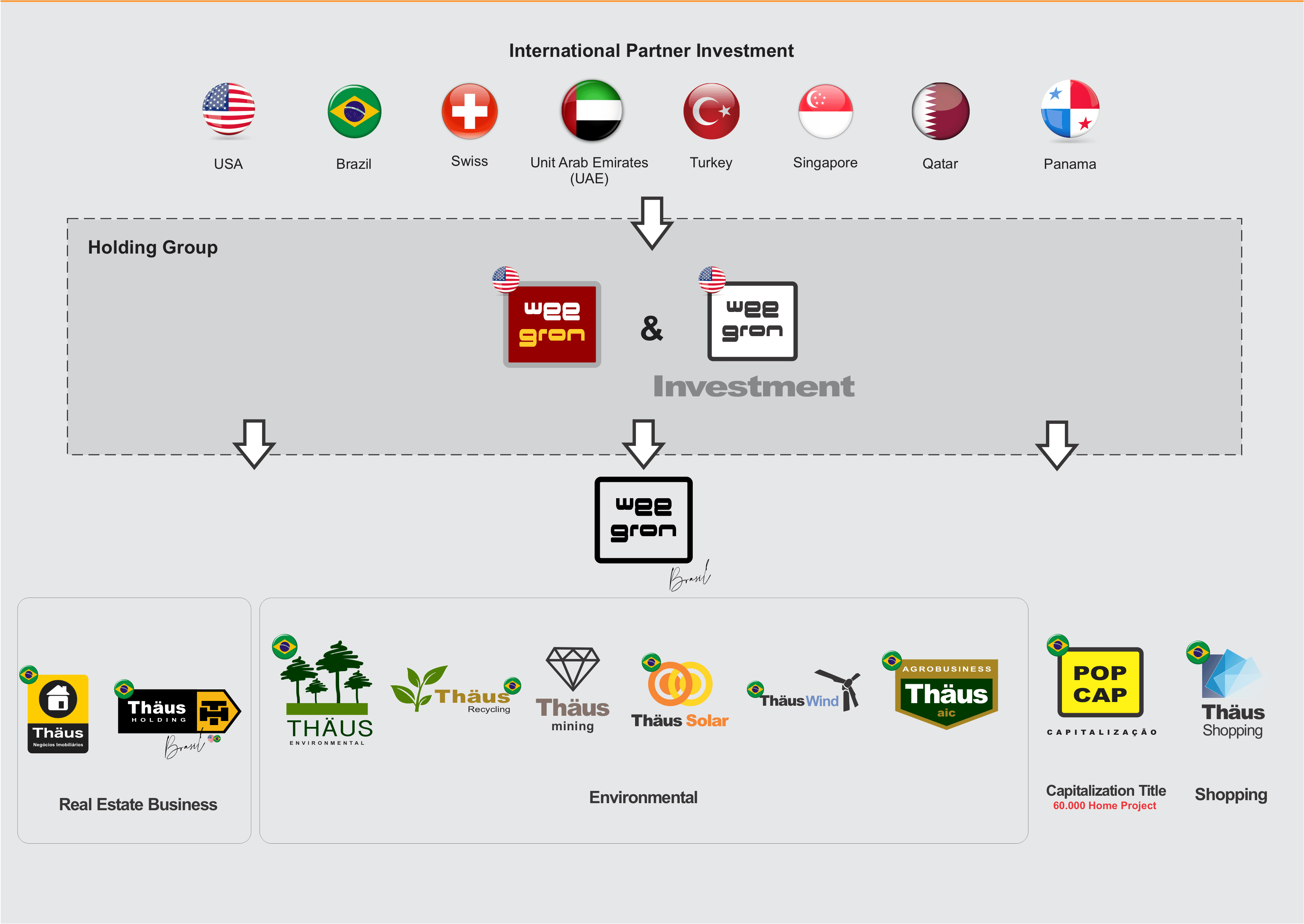 ThäusBR — International Partner Investment: USA, Brazil, Swiss, United Arab Emirates, Turkey, Singapore, Qatar, Panama. Holding Group: Weegron & Weegron Investment. Real Estate Business, Environmental, Capitalization, Shopping.